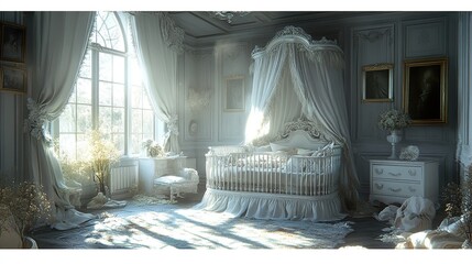 Canvas Print - Sunlit Elegant Baby Nursery Room Interior Design