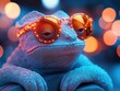 © Sergey - A chameleon is wearing funky sunglasses in front of a colorful, out-of-focus background, creating a playful and vibrant atmosphere.