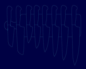 Poster - Blue background with a series of knives drawn on it. The knives are all lined up in a row, with the first knife on the left and the last one on the right. The knives are all different sizes