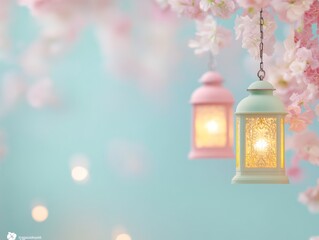 Poster - Glowing Ornate Lanterns Amidst Soft Pink Blossoms in Pastel Wonderland