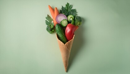 vegetables in a waffle cone on pastel background, creative food concept