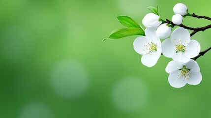 Canvas Print - White flower with green leaves is on a green background. The flower is the main focus of the image, and the green background adds a sense of freshness and natural beauty