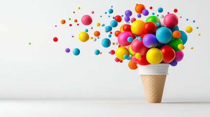 Poster - Colorful ice cream cone filled with multicolored balls. Concept of fun and excitement, as the ice cream cone is overflowing with vibrant colors and he is bursting with energy