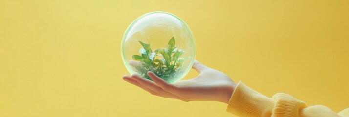 Poster - Hand Holding Eco-Friendly Holographic Globe on Vibrant Yellow Background