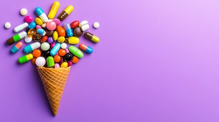 Poster - Colorful assortment of pills are scattered in a cone-shaped container. Concept of abundance and variety, as the pills come in different shapes, sizes, and colors
