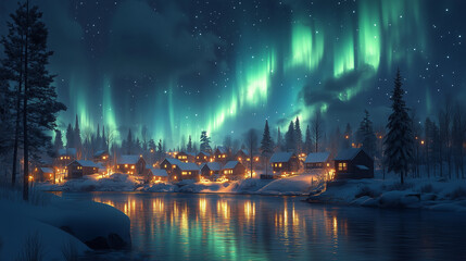 Wall Mural - Aurora borealis on Northern Europe. Green and blue northern lights above mountains and lake night landscape