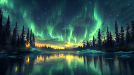 Wall Mural - Aurora borealis on Northern Europe. Green and blue northern lights above mountains and lake night landscape