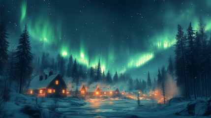 Wall Mural - Aurora borealis on Northern Europe. Green and blue northern lights above mountains and lake night landscape