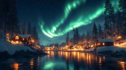 Wall Mural - Aurora borealis on Northern Europe. Green and blue northern lights above mountains and lake night landscape