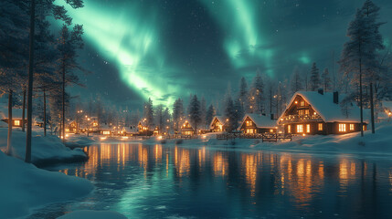 Wall Mural - Aurora borealis on Northern Europe. Green and blue northern lights above mountains and lake night landscape