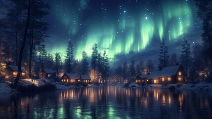 Wall Mural - Aurora borealis on Northern Europe. Green and blue northern lights above mountains and lake night landscape