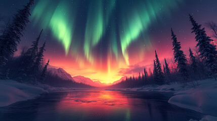 Wall Mural - Aurora borealis on Northern Europe. Green and blue northern lights above mountains and lake night landscape