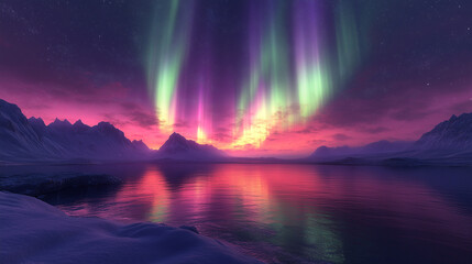 Wall Mural - Aurora borealis on Northern Europe. Green and blue northern lights above mountains and lake night landscape