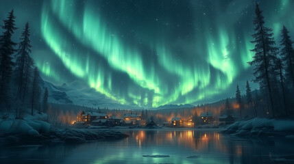 Wall Mural - Aurora borealis on Northern Europe. Green and blue northern lights above mountains and lake night landscape