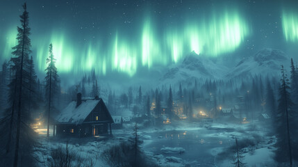 Wall Mural - Aurora borealis on Northern Europe. Green and blue northern lights above mountains and lake night landscape