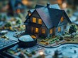 © Sergey - A cozy, illuminated house model with a magnifying glass focusing on it, suggesting a search or inspection theme in a miniature setting.