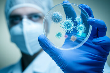 Aufkleber -  scientist is holding a petri dish with a virus in it. Concept of caution and the importance of studying viruses to prevent the spread of disease