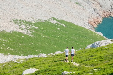 Hikers Walking up Rocky Hill Near scenic Lake in Bright Daytime