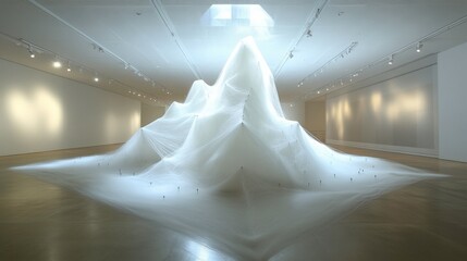 Poster - Abstract Installation of Ethereal White Fabric Creating Mountain-Like Form in Modern Gallery Space Illuminated by Natural Light