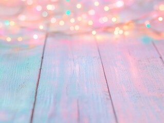 Poster - Vibrant Bokeh Lights Reflecting on Rustic Wooden Surface