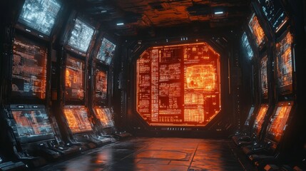 Poster - Futuristic Control Room with Neon Panels and Digital Displays Depicting Data and Interfaces in a Sci-Fi Environment