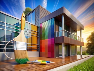 Poster - 3D Rendered Colorful Paintbrush and Palette Architectural Design Element