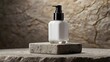 © Designpro - Stylish white empty skincare glass bottle branding mockup on pastel natural stone podium, beauty cosmetic container mockups advertising advertisement