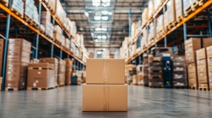 Poster - A warehouse filled with stacked boxes, showcasing a well-organized storage space with a focus on logistics and inventory management.