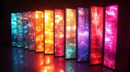 Fototapete - Vibrant Abstract Light Panels in Vivid Colors Shining Against a Dark Background with Intricate Patterns and Creative Design for Modern Art Spaces