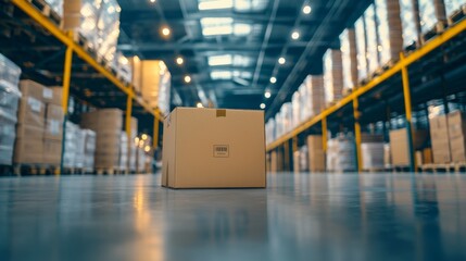 Poster - A cardboard box is positioned in a vast warehouse filled with stacked pallets, showcasing an organized storage environment.