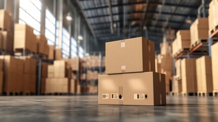 Poster - A modern warehouse scene featuring stacked cardboard boxes on the floor, surrounded by shelves filled with more boxes in a spacious setting.