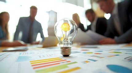 Leinwandbilder - A light bulb symbolizes innovation and brainstorming, surrounded by charts and graphs, indicating a collaborative business meeting focused on growth strategies.