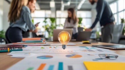 Leinwandbilder - A collaborative workspace features a glowing light bulb, symbolizing creativity, surrounded by documents and team members engaged in discussion.