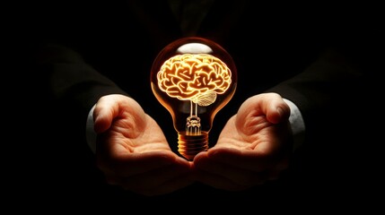 Poster - A person holds a glowing light bulb shaped like a brain, symbolizing innovation, creativity, and the fusion of ideas.