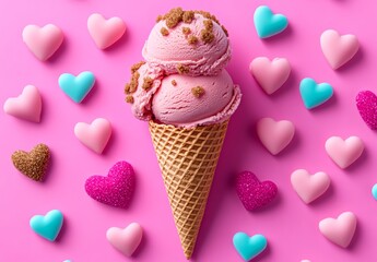 Poster - Pink and blue heart shaped ice cream cone with pink and blue hearts surrounding it