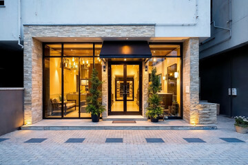 Wall Mural - Contemporary Mini Hotel Facade with Glass Windows, Stone Cladding, and Warm Evening Lighting for a Welcoming Atmosphere