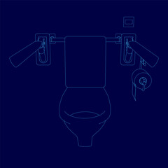 Poster - The image is a close up of a toilet with a roll of toilet paper on the right. The toilet is surrounded by two handles, one on the left and one on the right. The toilet is blue outline