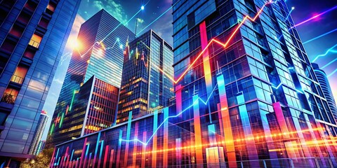 Poster - Abstract Digital Stock Graph with Glowing Data Points, Futuristic Architecture Background