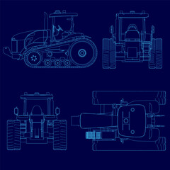 Poster - Blue drawing of a tractor with a blue drawing of the back of the tractor