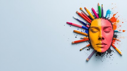 Poster - Colorful face with a blue background. The face is made of paintbrushes and the background is a blue sky