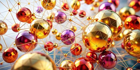 Poster - Abstract Golden & Colorful Spheres Geometric Pattern Double Exposure Stock Photo