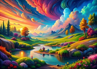 Poster - Abstract Landscape Painting: Modern Generative AI Art - Vibrant Hues & Organic Forms