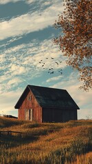 Wall Mural - Serene Autumn Barn Landscape: Golden Wheat Field and Birds in Flight