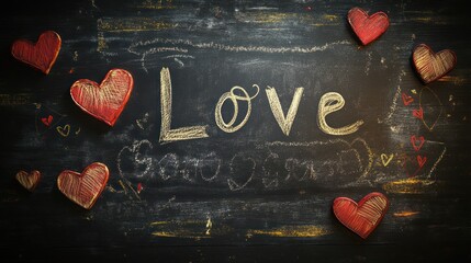 Wall Mural - Chalkboard with red hearts and the word 