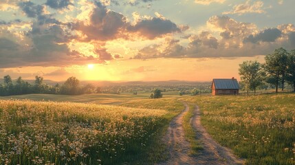 Wall Mural - Sunset Landscape: Serene Meadow with Farmhouse