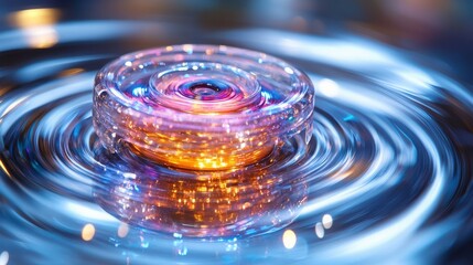 Poster - Colorful Glass Sphere Floating on Liquid Surface Creating Ripples and Reflections in a Vibrant Abstract Water Scene