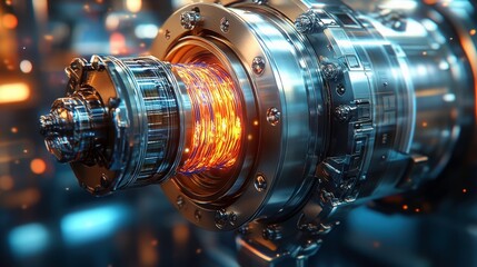 Poster - Futuristic Close-Up of a Powerful and High-Tech Energy Core with Glowing Elements in a Dynamic Industrial Setting, Emphasizing Technology and Innovation in Engineering Design