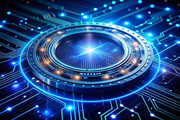 Poster - Abstract Tech Background: Futuristic Digital Circuit Communication Circle on Blue