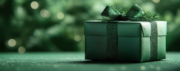 Green gift on green background