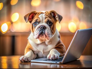 Poster - Adorable English Bulldog Puppy Working on Laptop - Long Exposure Stock Photo